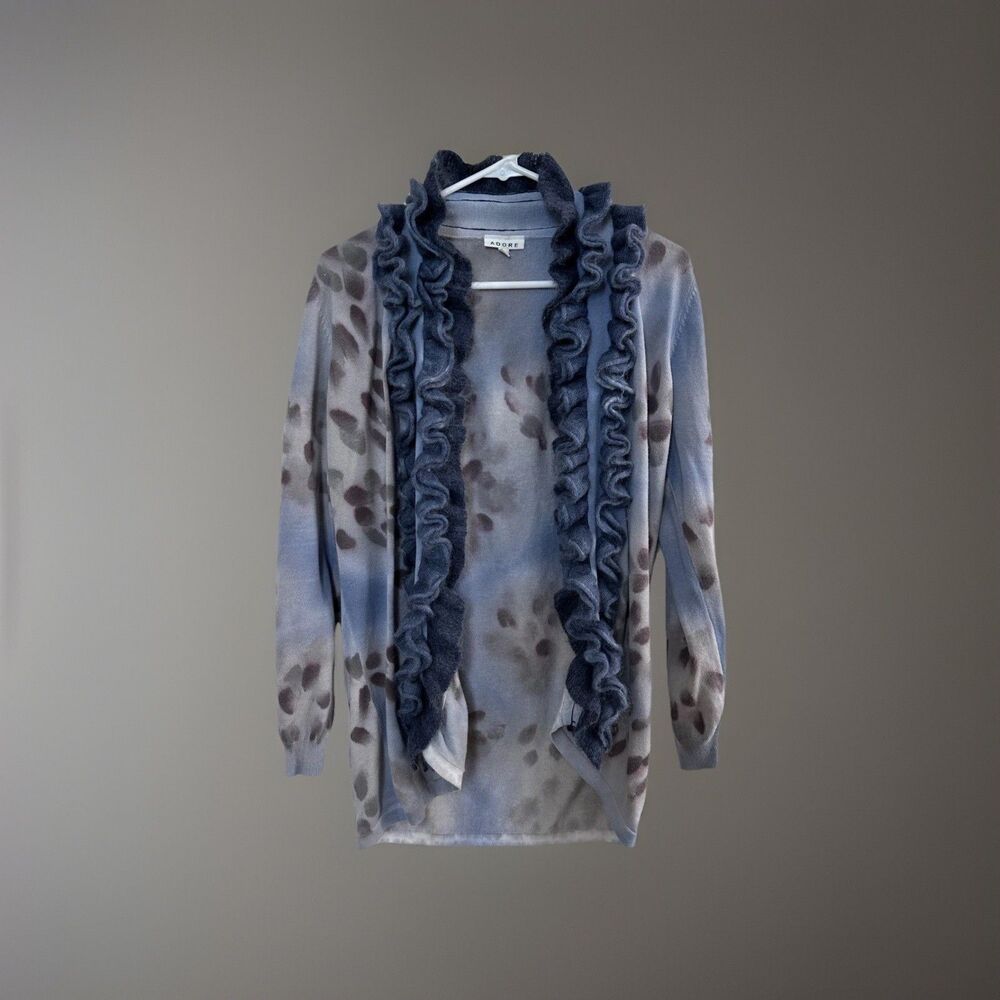 Adore Mohair Blend Floral Cardigan Blue Gray Ruffle Trim XL Fits Medium